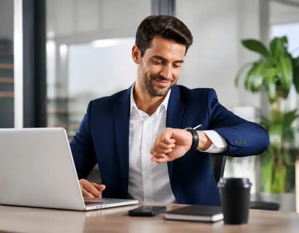 Employe assis au bureau regardant montre avec sourire satisfait