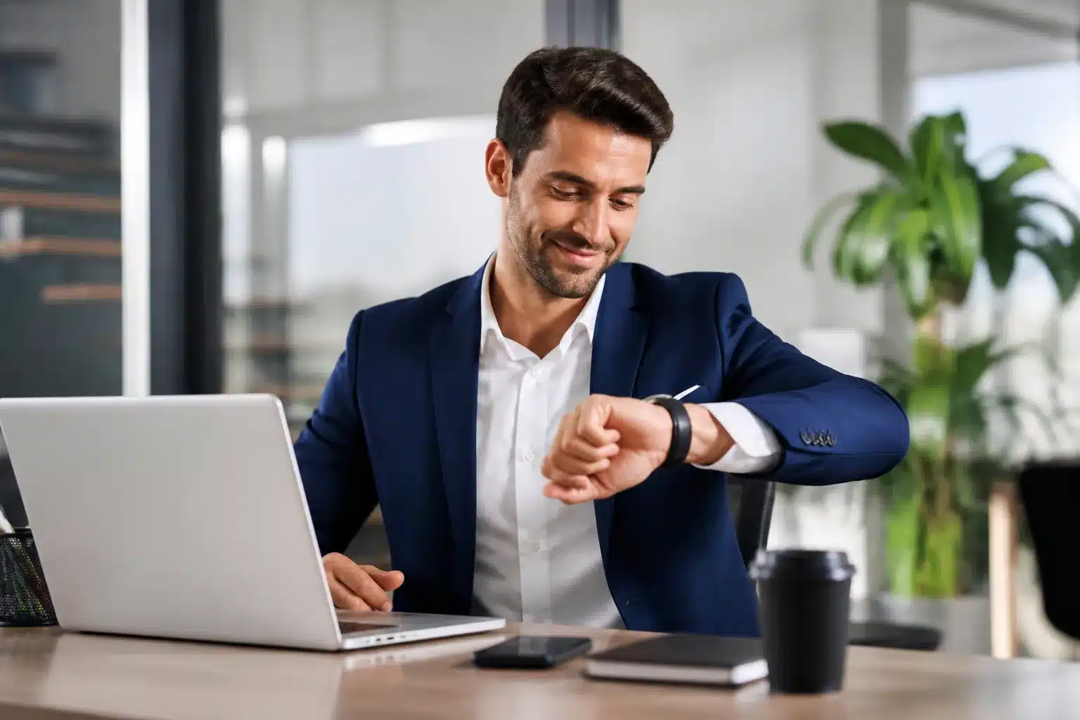 Employe assis au bureau regardant montre avec sourire satisfait