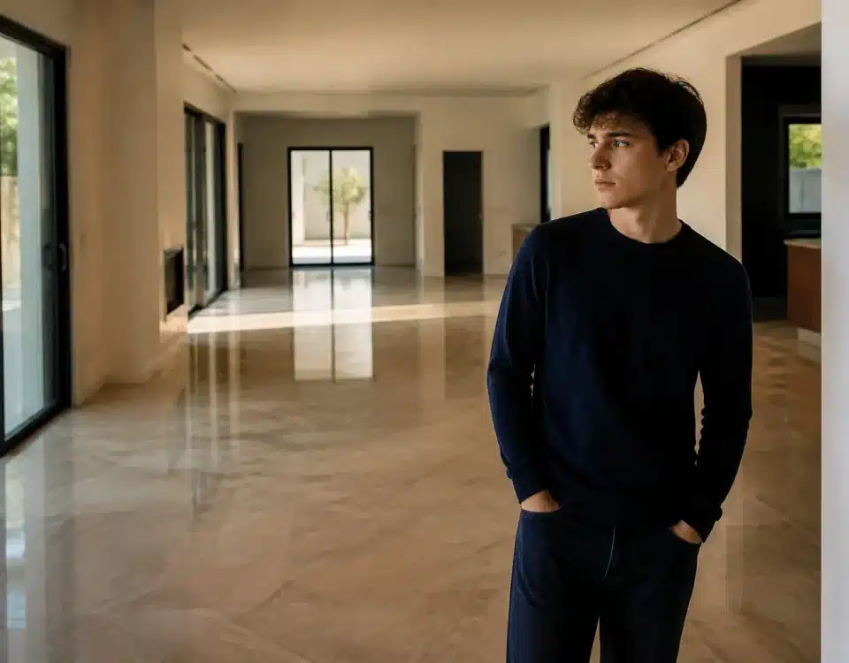 Jeune adulte seul dans grande maison vide et silencieuse