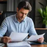 Homme examinant attentivement des documents administratifs assis a son bureau
