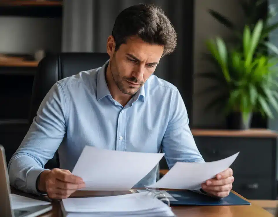 Homme examinant attentivement des documents administratifs assis a son bureau