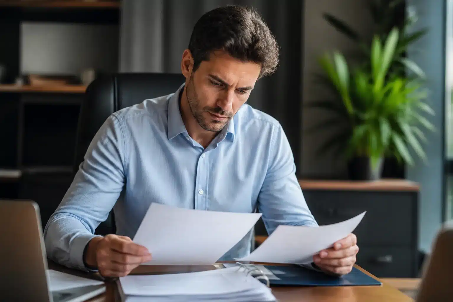 Homme examinant attentivement des documents administratifs assis a son bureau
