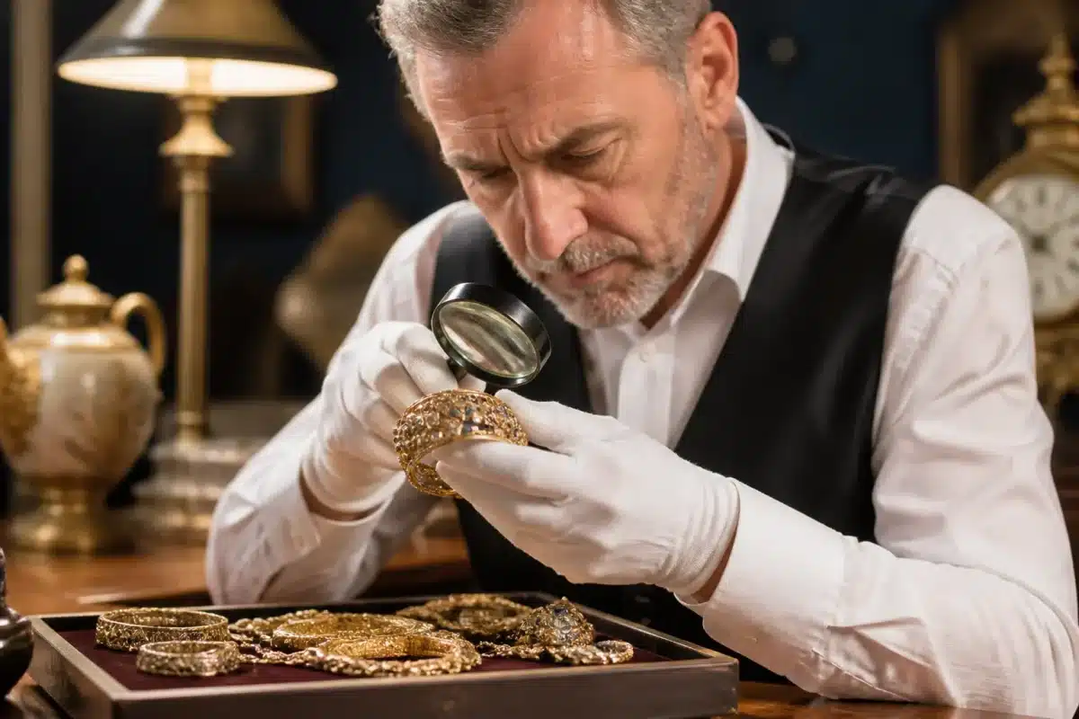 Expert examines antique gold jewelry with magnifying glass and documents