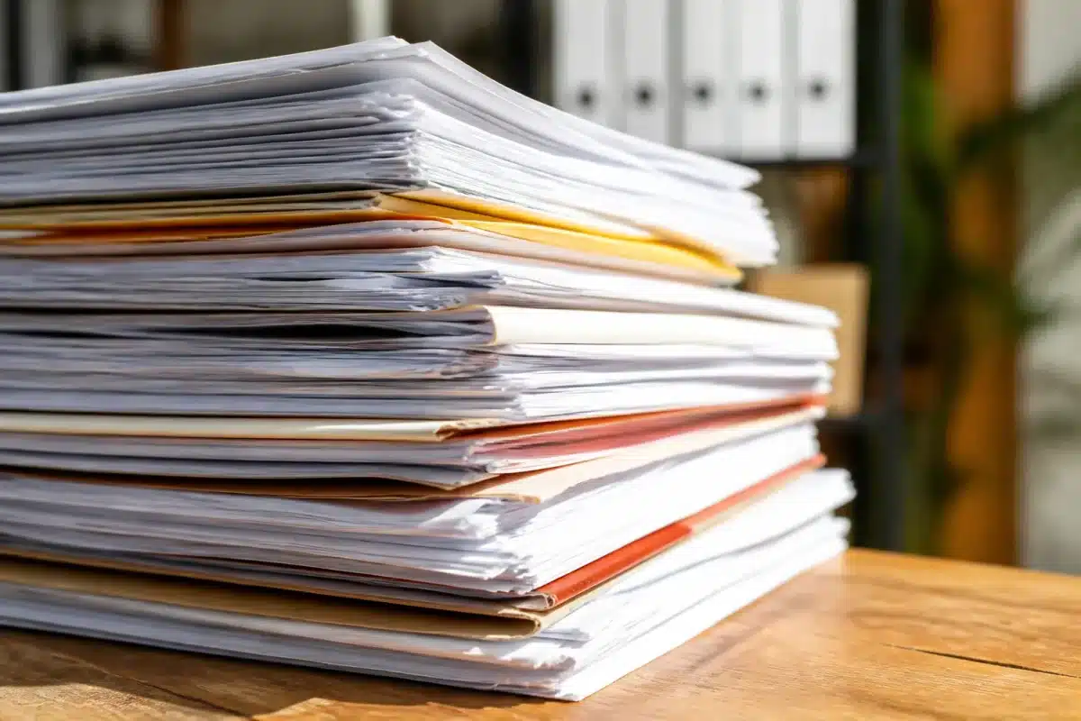 Factures et documents fiscaux empilés sur bureau bois