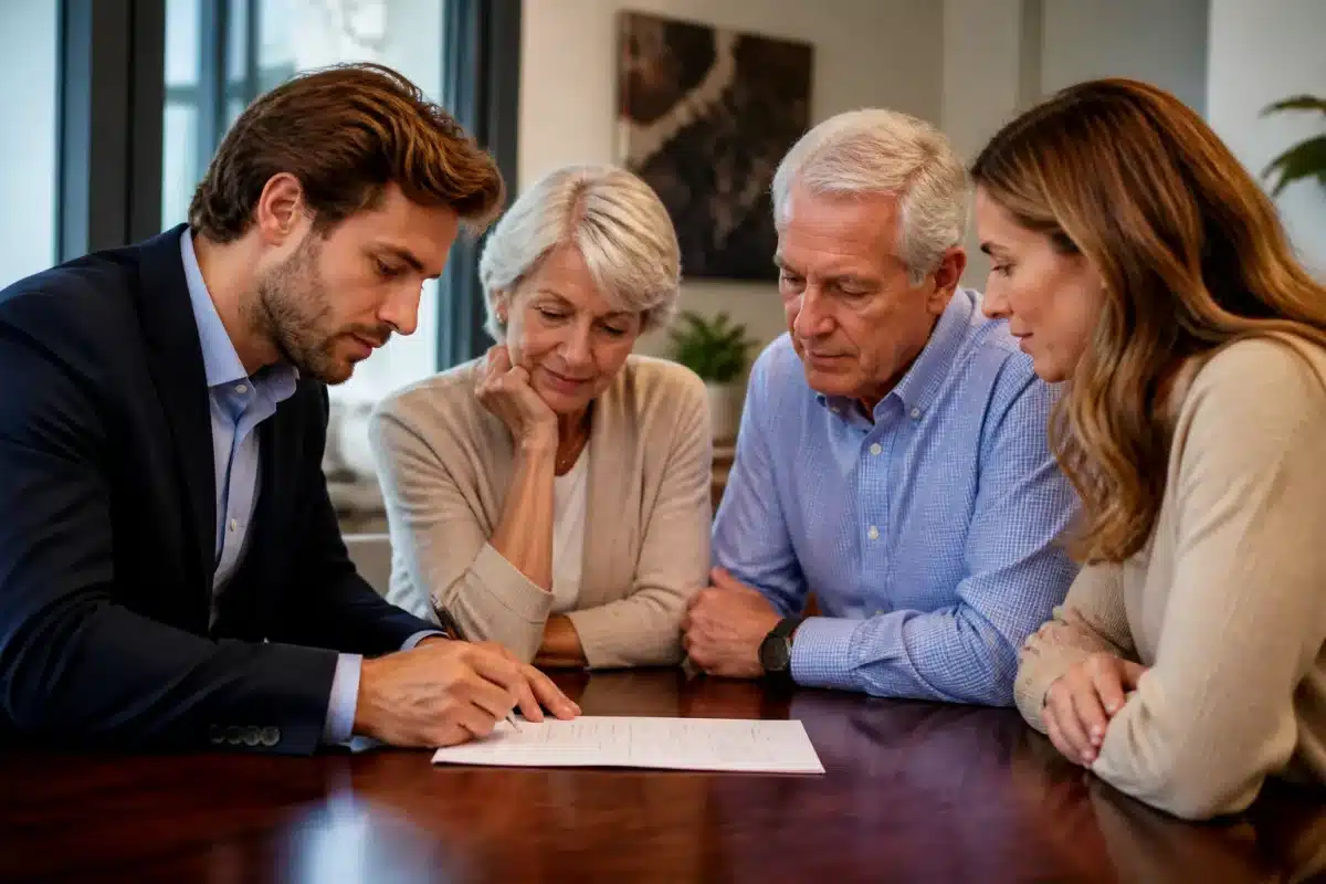 Famille autour table signant documents succession planification