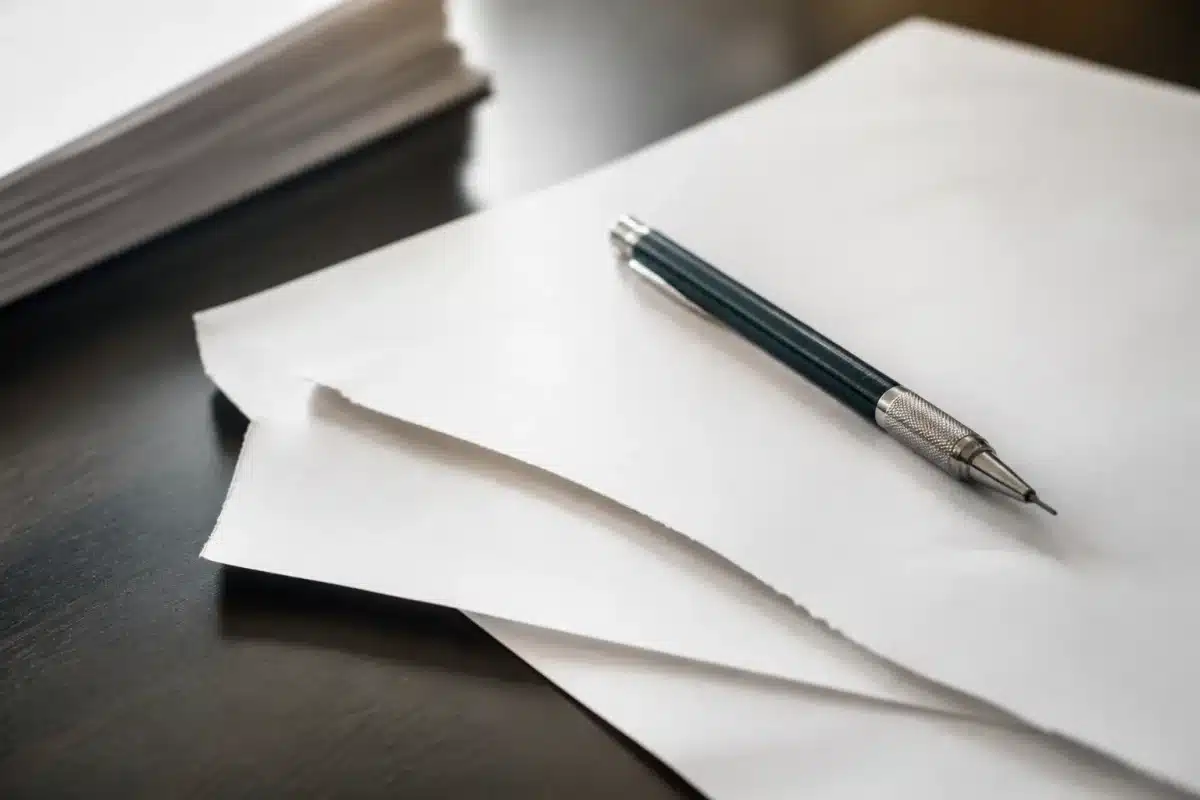 Feuillets detaches et stylo crayon sur document juridique