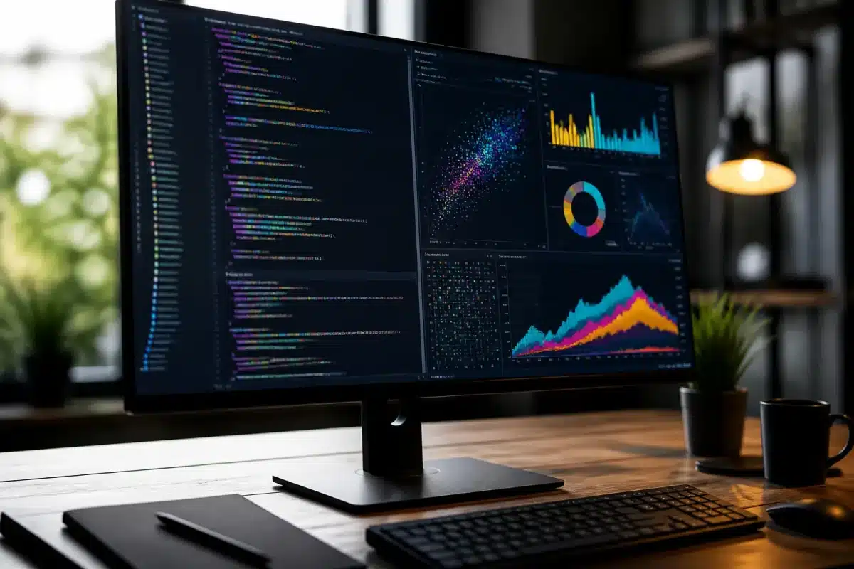 Ecran affichant code Python et graphiques data science colorés
