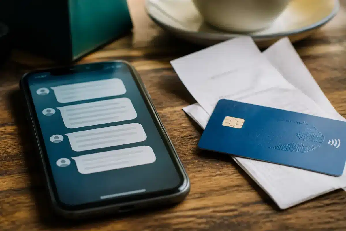 Carte bancaire bleue avec reçu et notifications SMS affichees