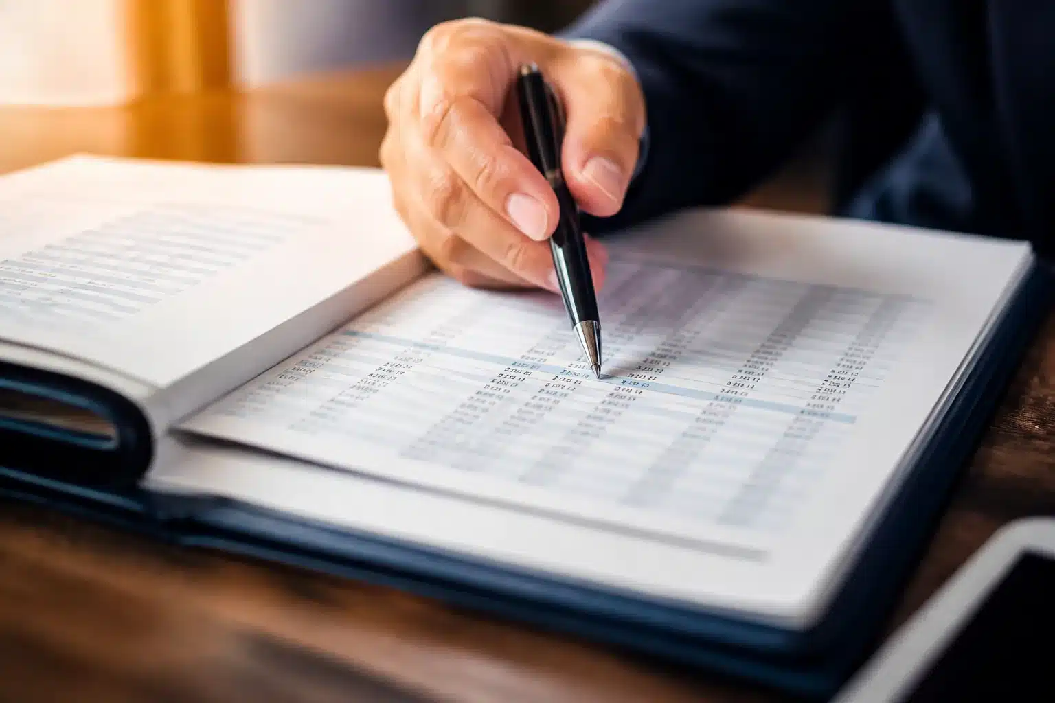 Document notarié ouvert avec stylo pointant sur chiffres financiers détaillés