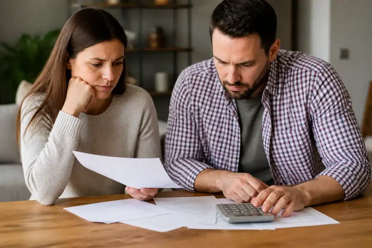 Personnes consultant documents bancaires avec calculatrice grise