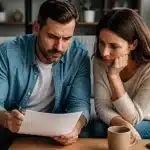 Couple assis cote a cote, homme regardant document legal avec stylo