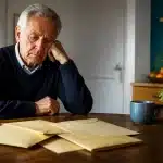 Homme assis seul devant documents financiers non ouverts