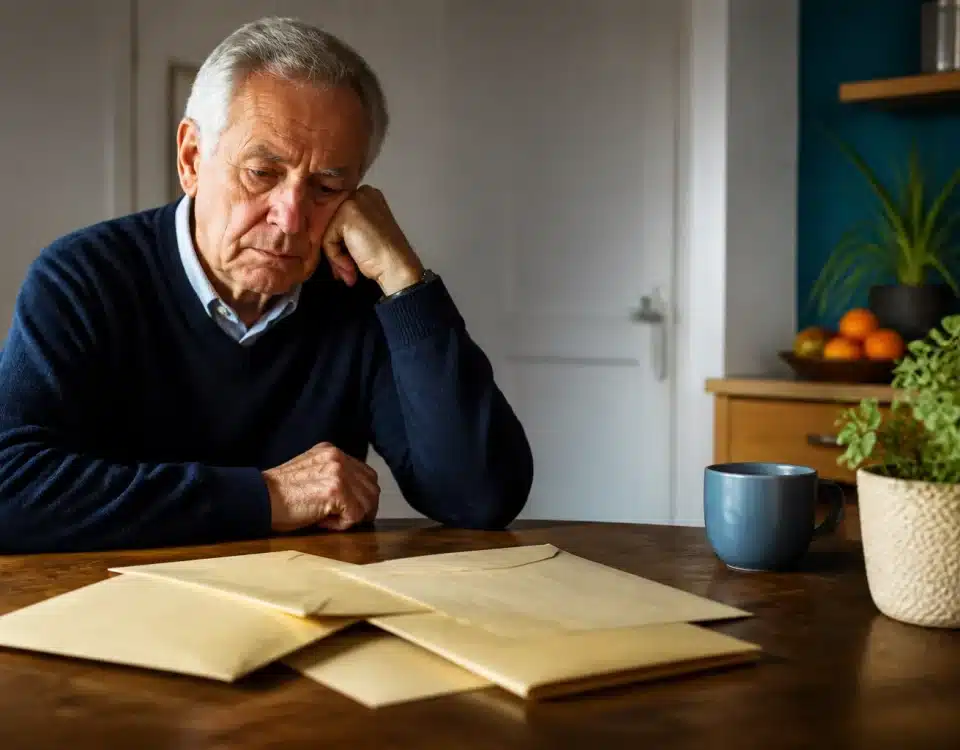 Homme assis seul devant documents financiers non ouverts
