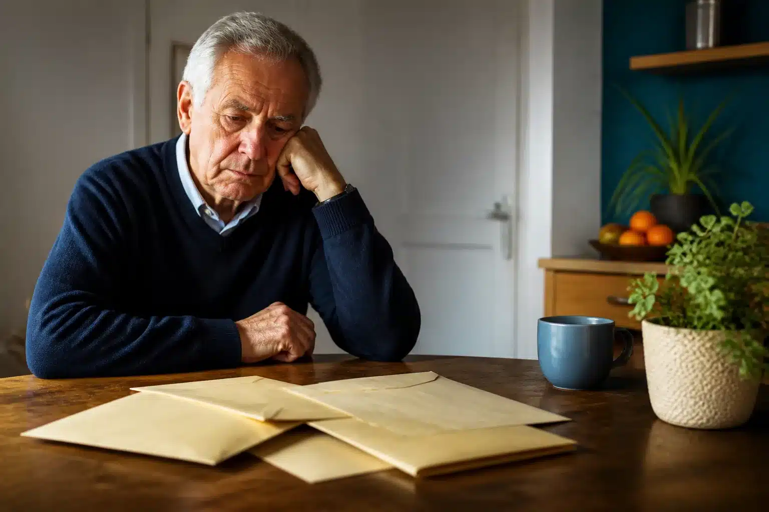 Homme assis seul devant documents financiers non ouverts