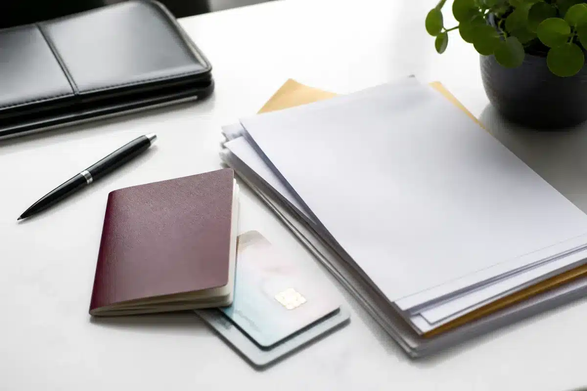 Documents officiels et piece d'identite sur bureau blanc