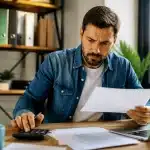 Homme consulte documents financiers assis à bureau avec calculatrice