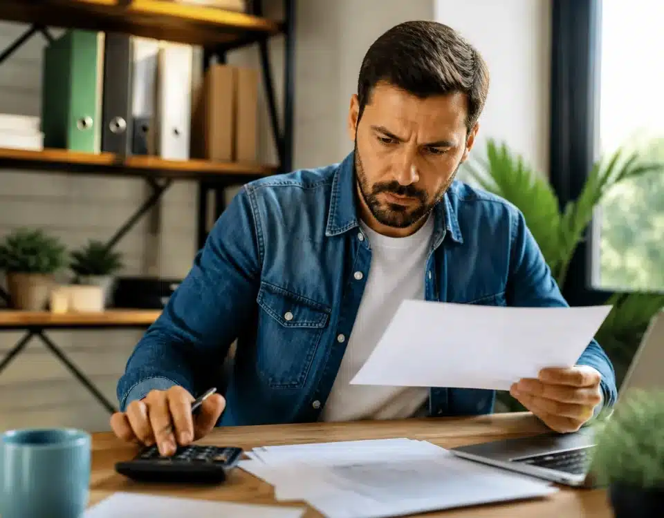Homme consulte documents financiers assis à bureau avec calculatrice