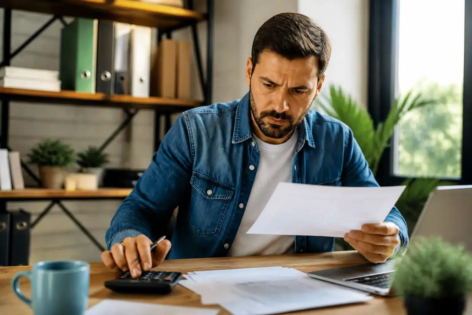 Homme consulte documents financiers assis à bureau avec calculatrice