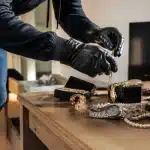 Mains saisissant bijoux et objets sur table dans maison vide
