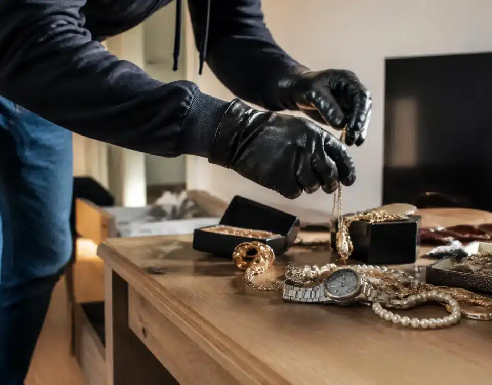 Mains saisissant bijoux et objets sur table dans maison vide