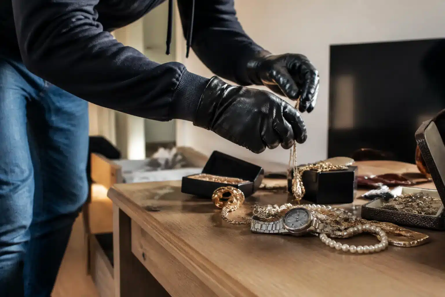 Mains saisissant bijoux et objets sur table dans maison vide