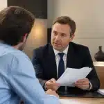 Homme assis face a un banquier tenant des documents de frais