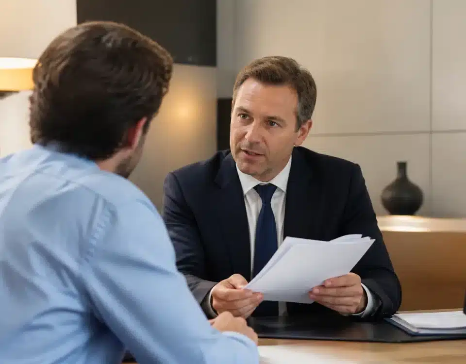 Homme assis face a un banquier tenant des documents de frais
