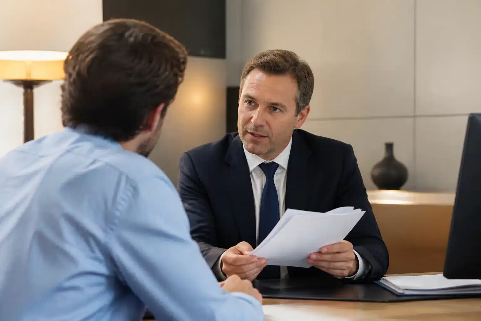 Homme assis face a un banquier tenant des documents de frais