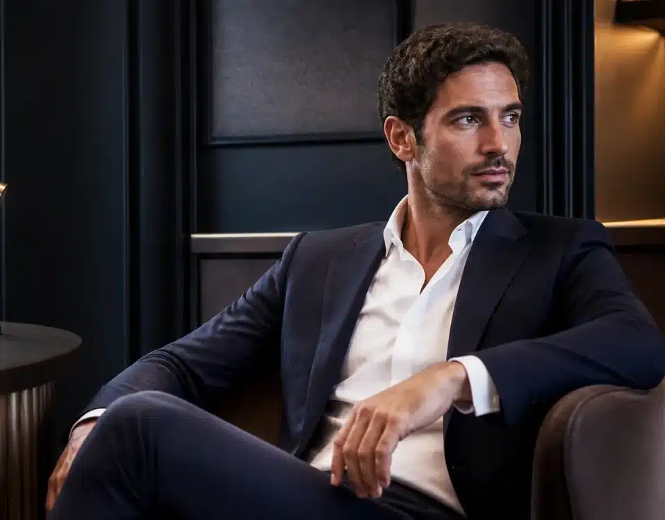Homme en costume assis, poignet nu sans montre visible