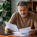 Homme quinquagenaire assis a bureau consultant documents allocations chomage