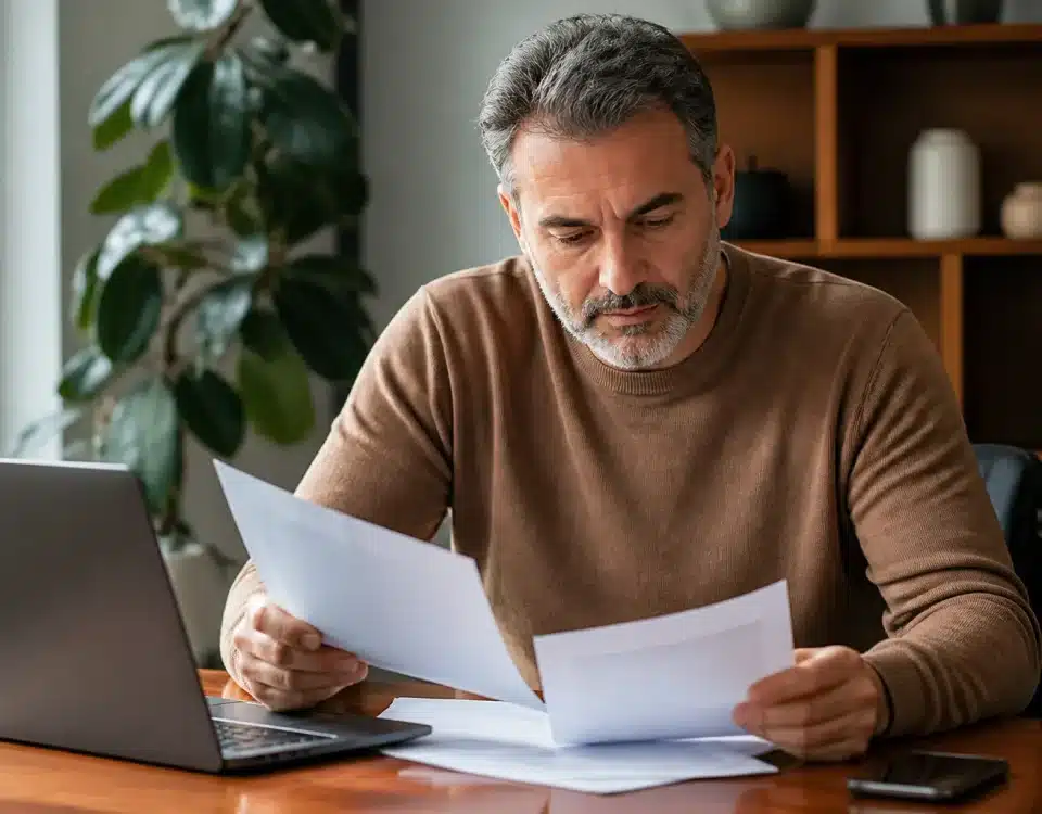 Homme quinquagenaire assis a bureau consultant documents allocations chomage