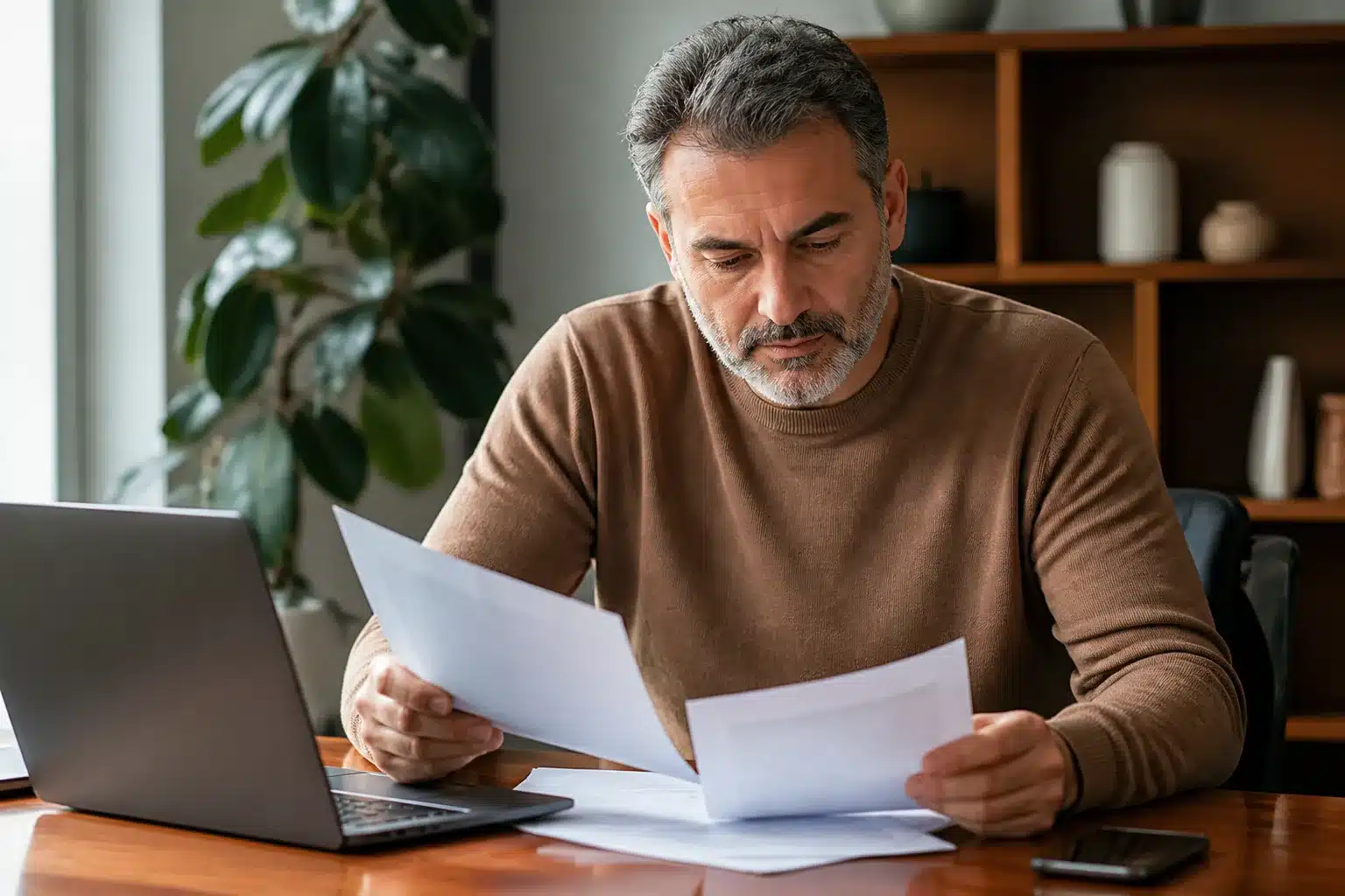 Homme quinquagenaire assis a bureau consultant documents allocations chomage