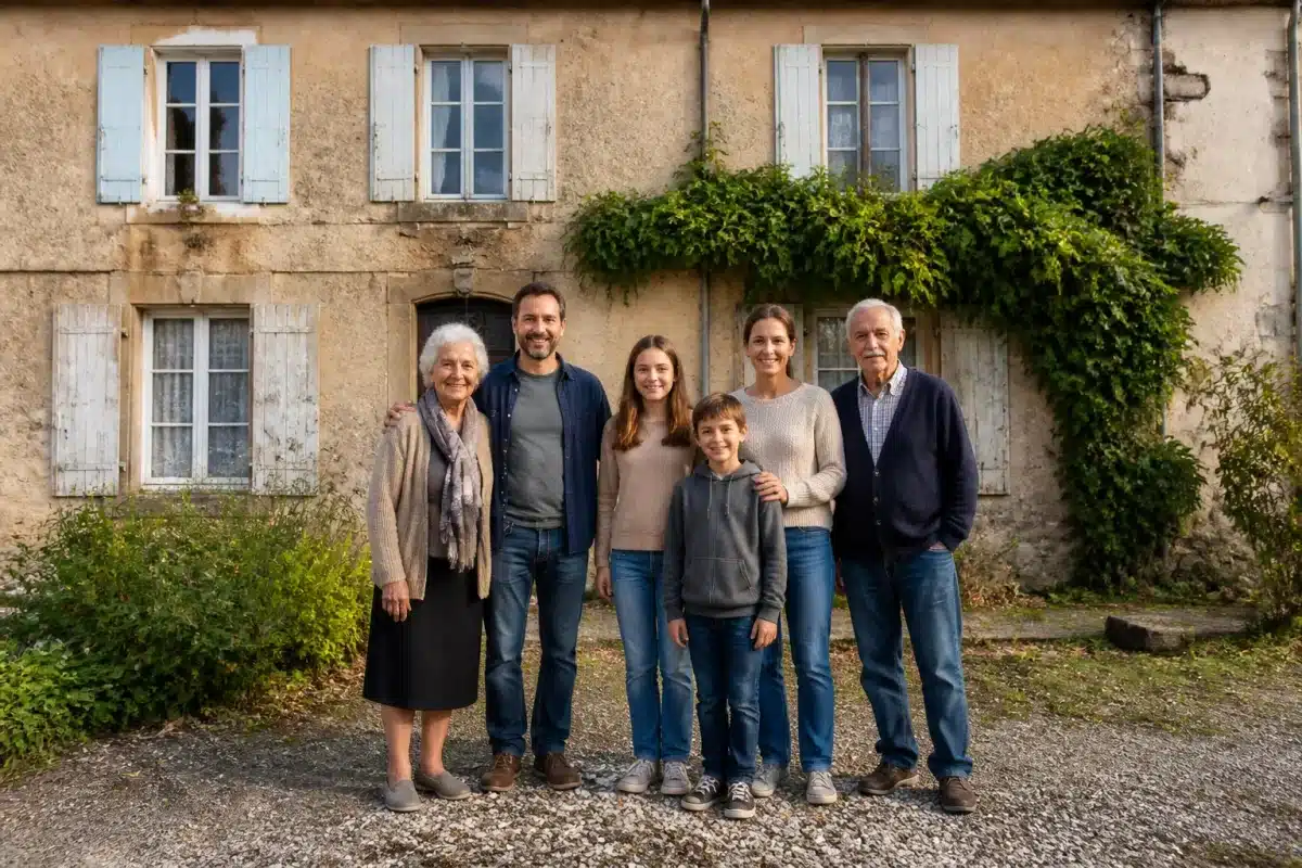 Famille multigénérationnelle devant maison ancienne divisée