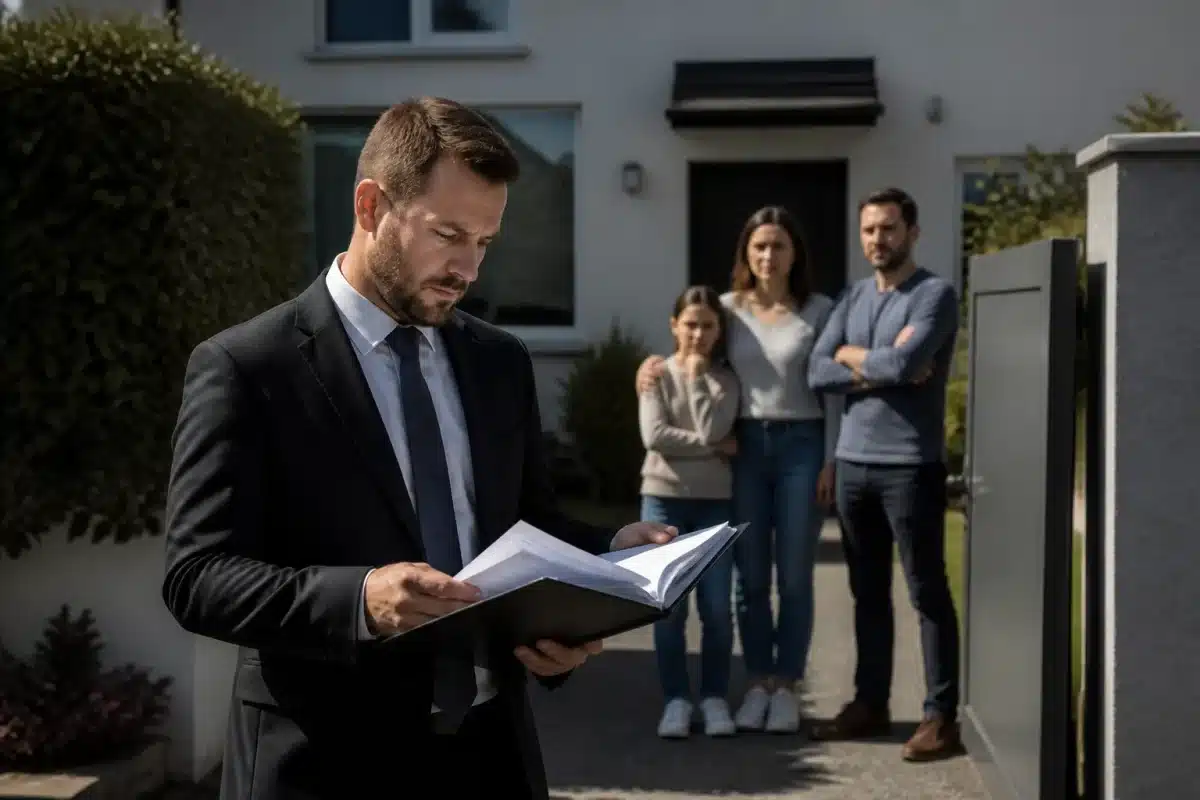 Juge examinant dossier devant maison avec famille