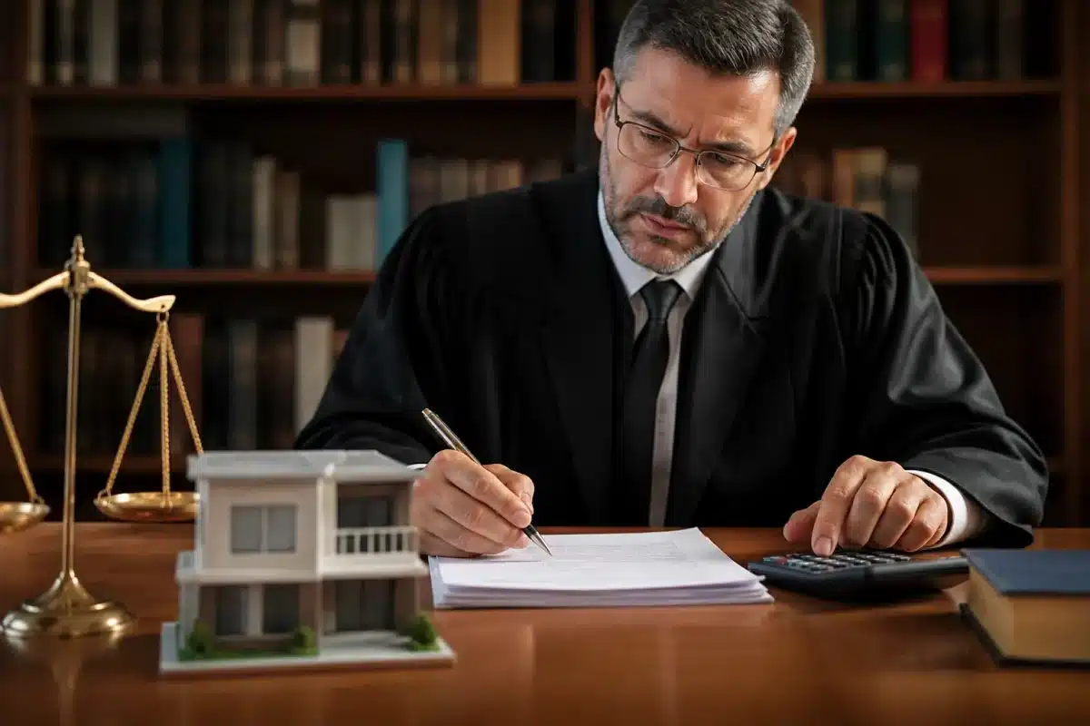 Juge examinant documents immobiliers avec stylo et calculatrice