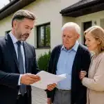 Juge examine documents immobiliers devant maison avec tuteur présent