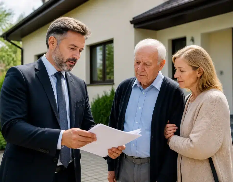 Juge examine documents immobiliers devant maison avec tuteur présent