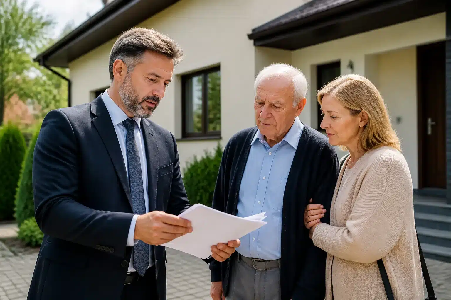 Juge examine documents immobiliers devant maison avec tuteur présent