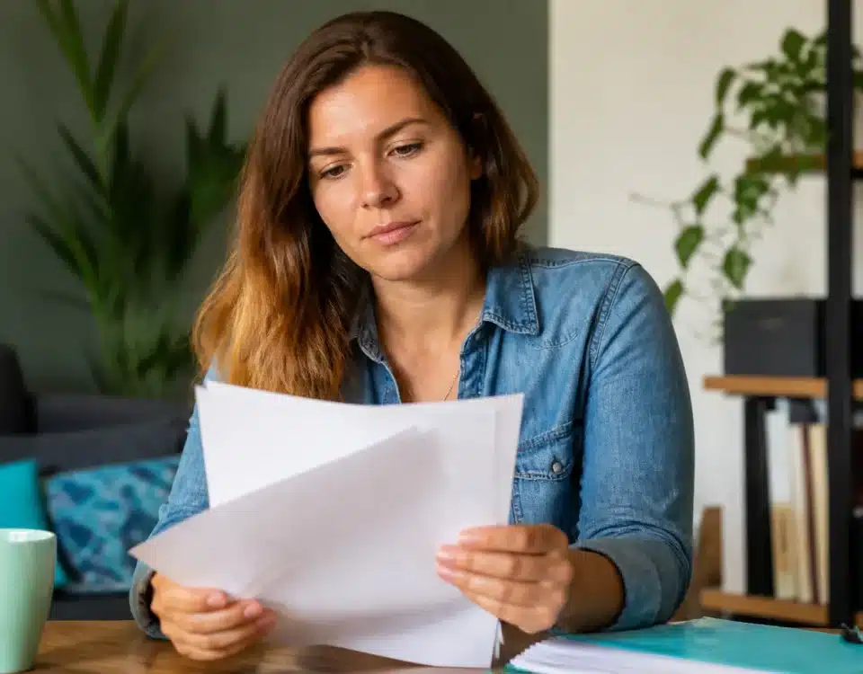 Femme tenant documents administratifs pour droits sociaux familiaux
