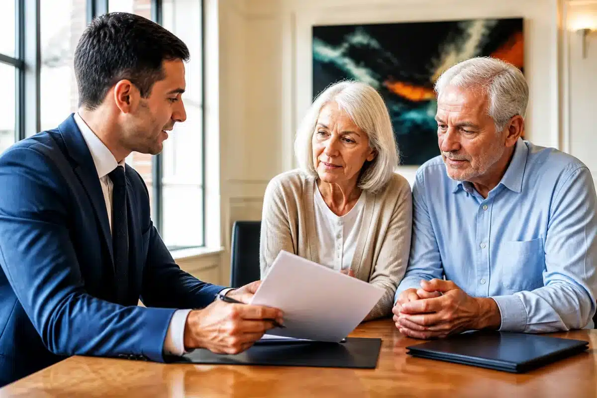 Notaire expliquant document legal a couple age