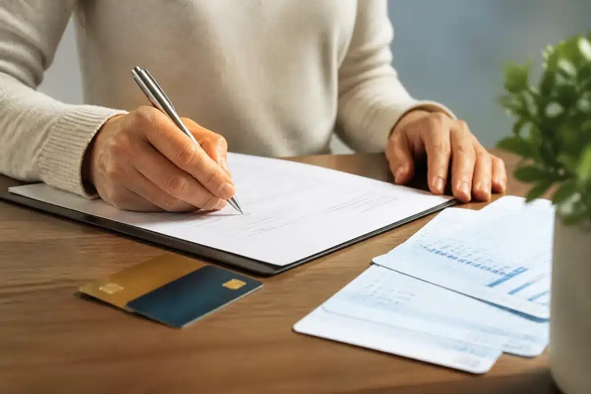 Mains signant document bancaire avec cartes et relevés visibles