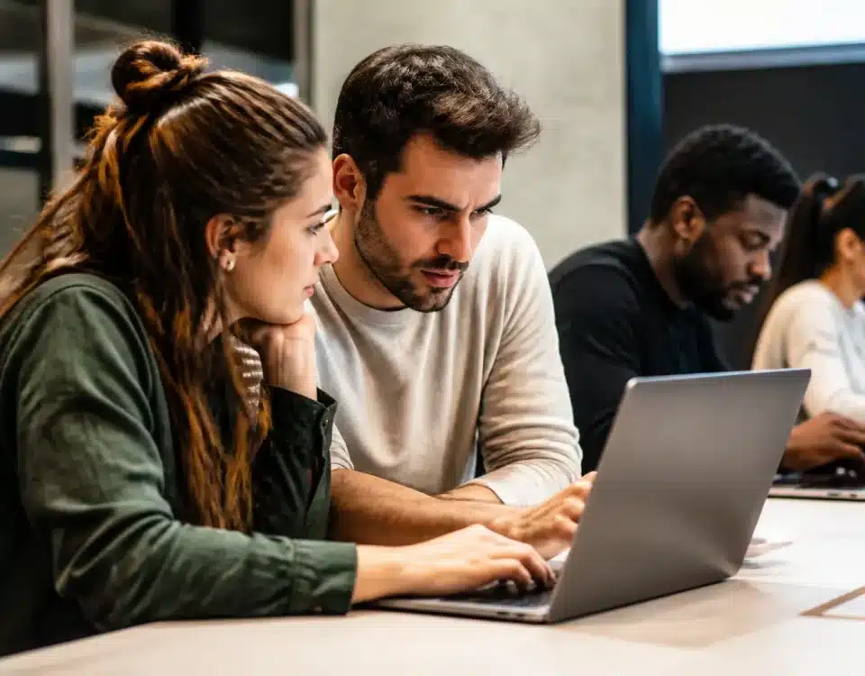 Professionnels assis devant ordinateurs portables collaborant sur projets numériques innovants
