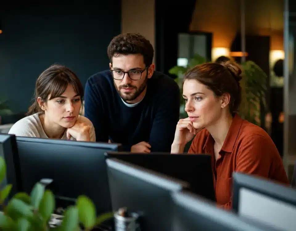 Professionnels assis face ecrans numeriques collaborant ensemble