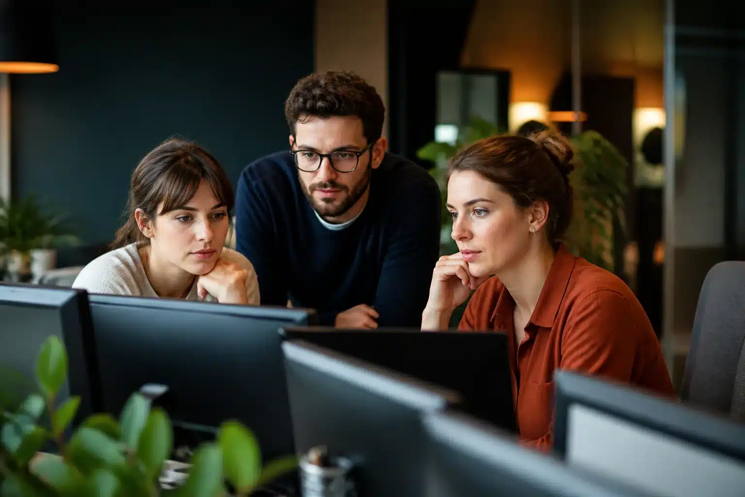 Professionnels assis face ecrans numeriques collaborant ensemble