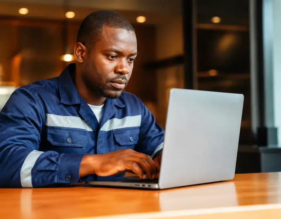 Travailleur en uniforme assis devant ordinateur portable brillant