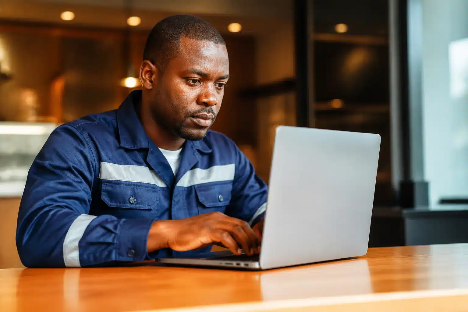 Travailleur en uniforme assis devant ordinateur portable brillant