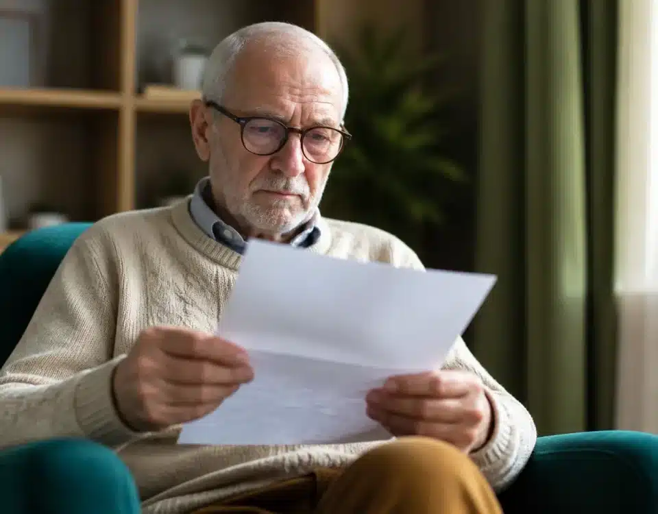 Personne agee assise consultant document pension mensuelle