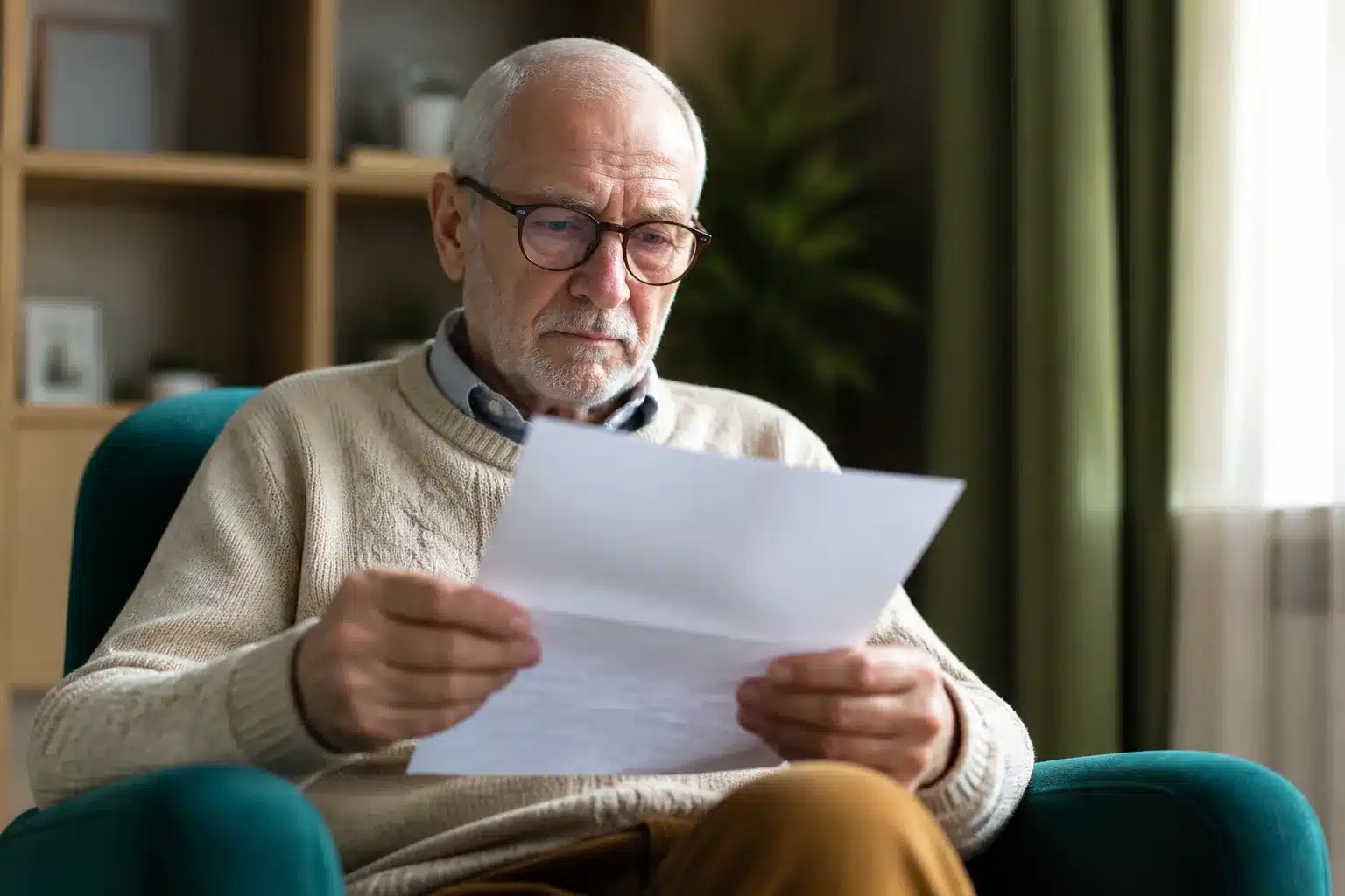 Personne agee assise consultant document pension mensuelle