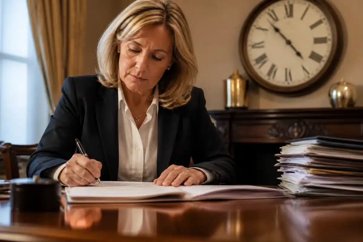 Notaire signant documents succession avec horloge visible