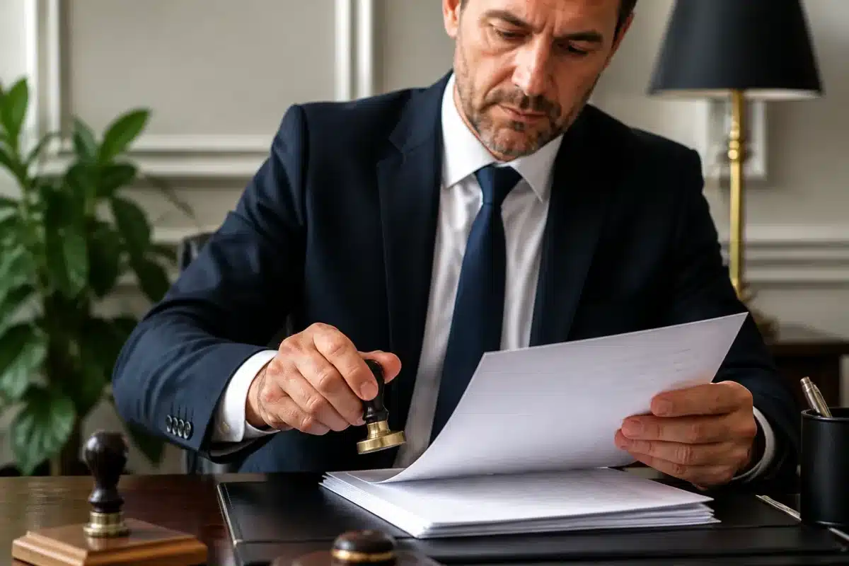 Notaire examinant document officiel avec cachet sur bureau